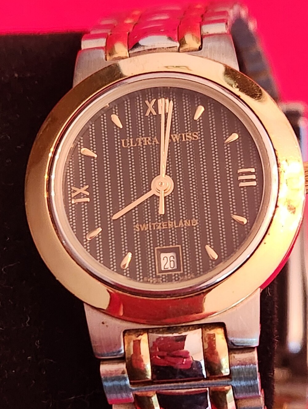 Vintage Ultra Swiss Ladies Two-Tone Watch Striped Dial Date Swiss Made Bracelet